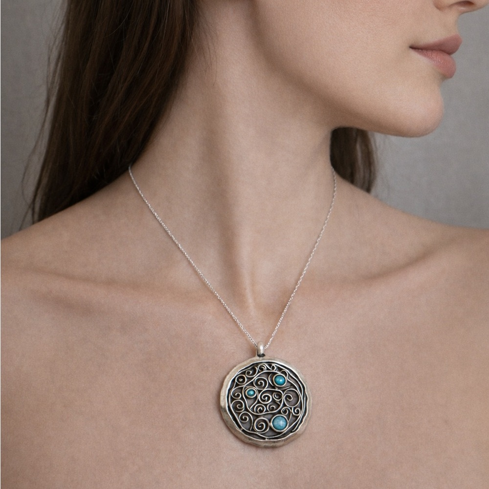 Noa Zuman 925 Sterling Silver Opal Round Scroll Necklace Pendant 17" Israel